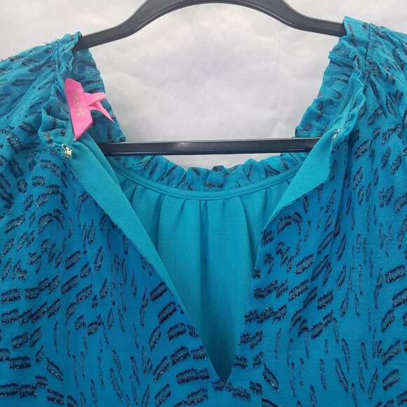 Lilly Pulitzer Caline Blouse Women M Teal Bay Silk Swirl Clip Silver Puff Sleeve - Picture 9 of 16